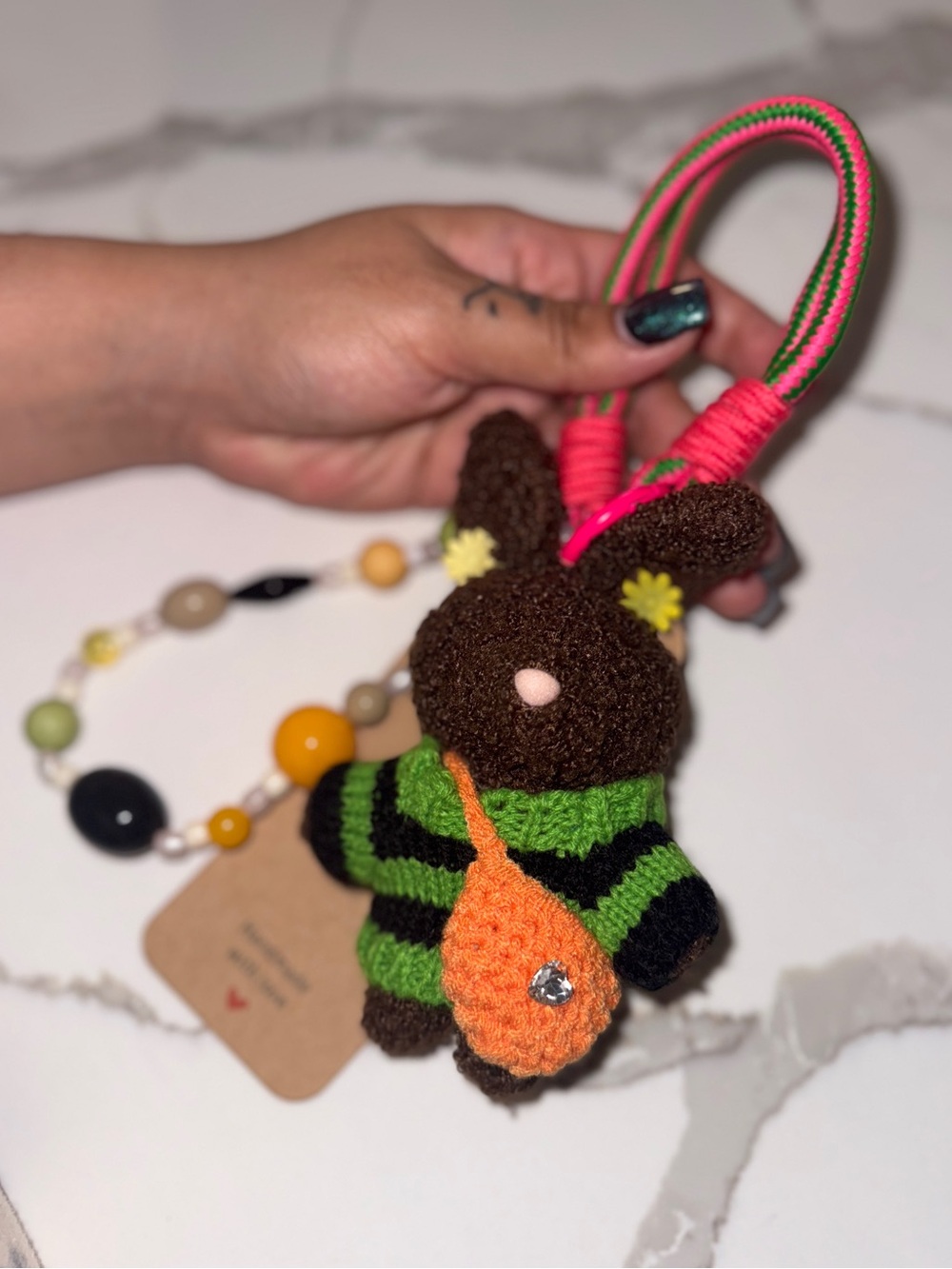 Handmade Plush Bunny Keychain with Beaded Strap - Brown, Green, Orange - Picture 3 of 4